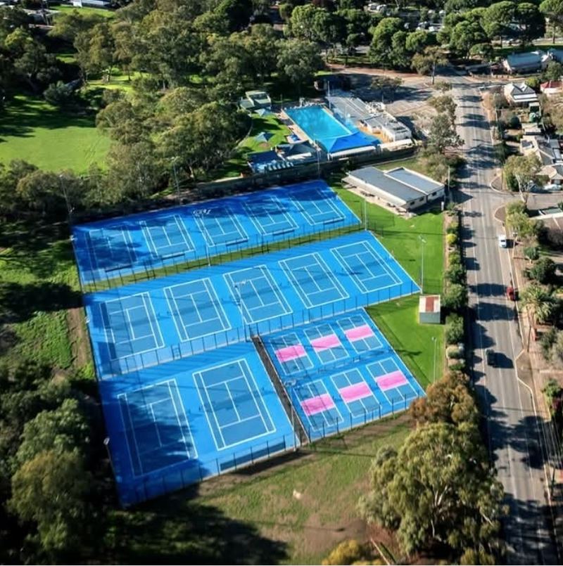 Aerial view of pickleball and tennis courts